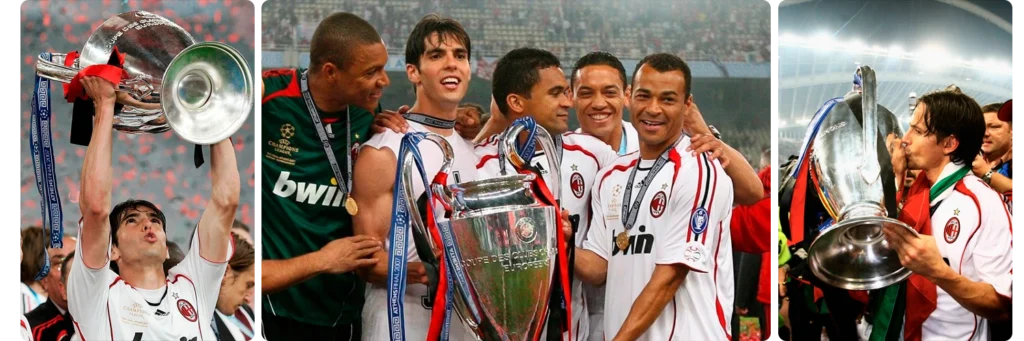 Jugadores del AC Milan en la UEFA champions league celebrando su triunfo